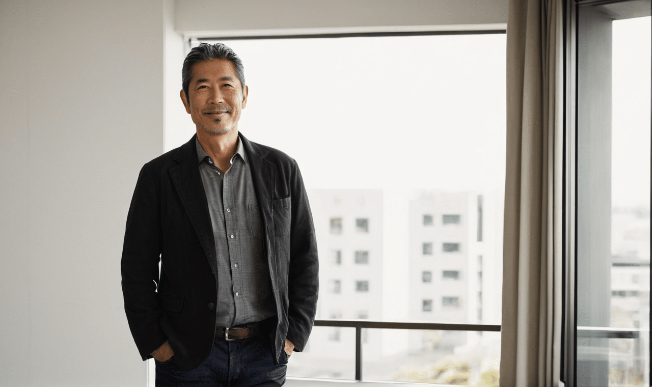 明るい室内で落ち着いた表情を見せる50代の日本人男性